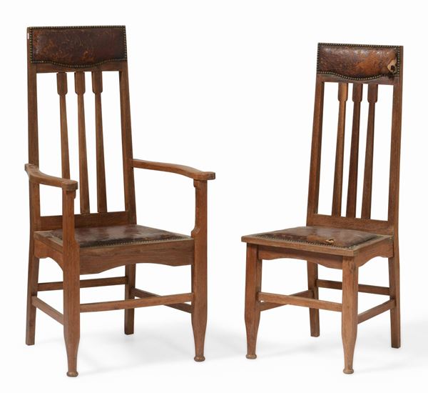 Lotto di una poltrona e una sedia in stile Art Nouveau