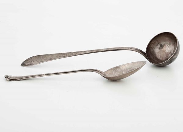 Mestolo e cucchiaio in argento. Differenti manifatture lombardo-venete del XIX secolo