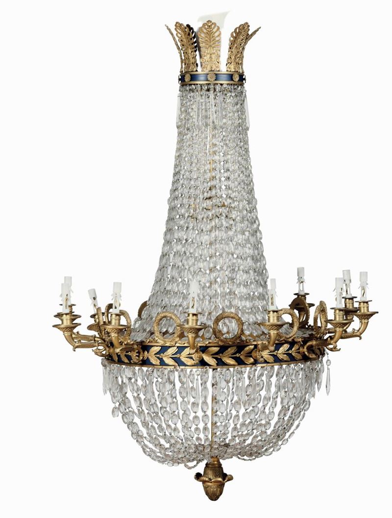 Grande lampadario a mongolfiera di gusto Impero in bronzo dorato, XX secolo  - Auction Italian Mansions - Cambi Casa d'Aste