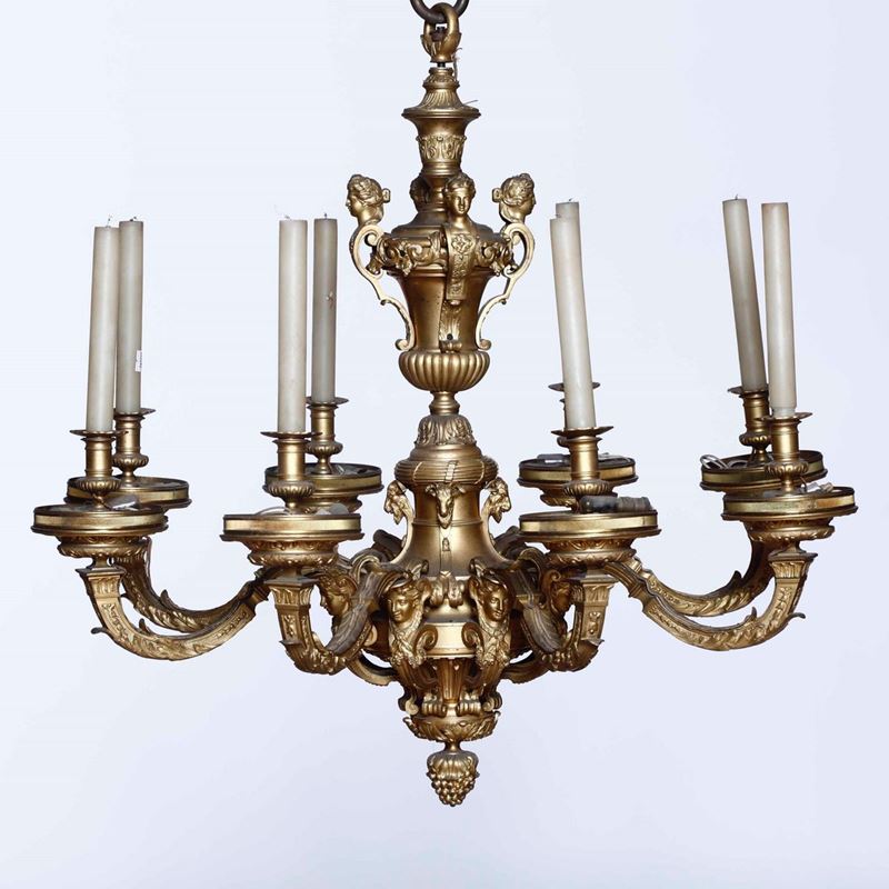 Lampadario a otto fiamme in bronzo dorato e cesellato. XIX-XX secolo  - Auction Italian Mansions - Cambi Casa d'Aste