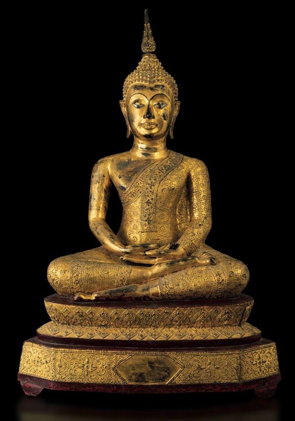 Grande figura di Buddha Amitayus in bronzo dorato, Thailandia, XIX secolo
