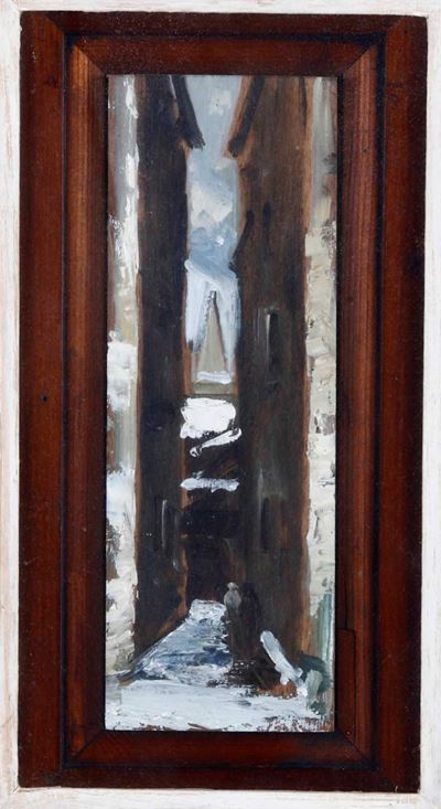 B. Schwab, Scorcio di paese, olio su tavoletta