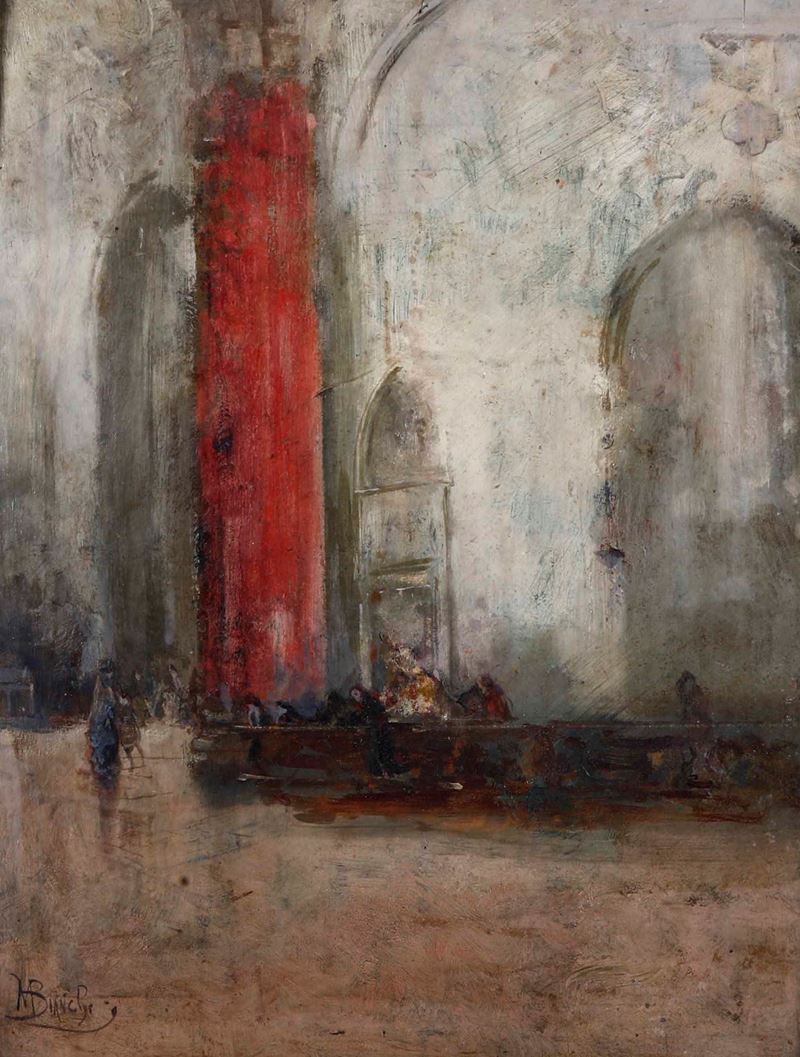 Mos&#232; Bianchi : Interno di chiesa con pavimento rosso  - Olio su tavola - Auction 19th Century Paintings - Cambi Casa d'Aste