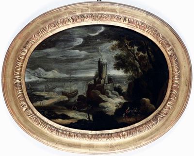 Scuola fiamminga del XVII secolo, Fuga in Egitto e Giacobbe e l'Angelo, olio su tavoletta ovale