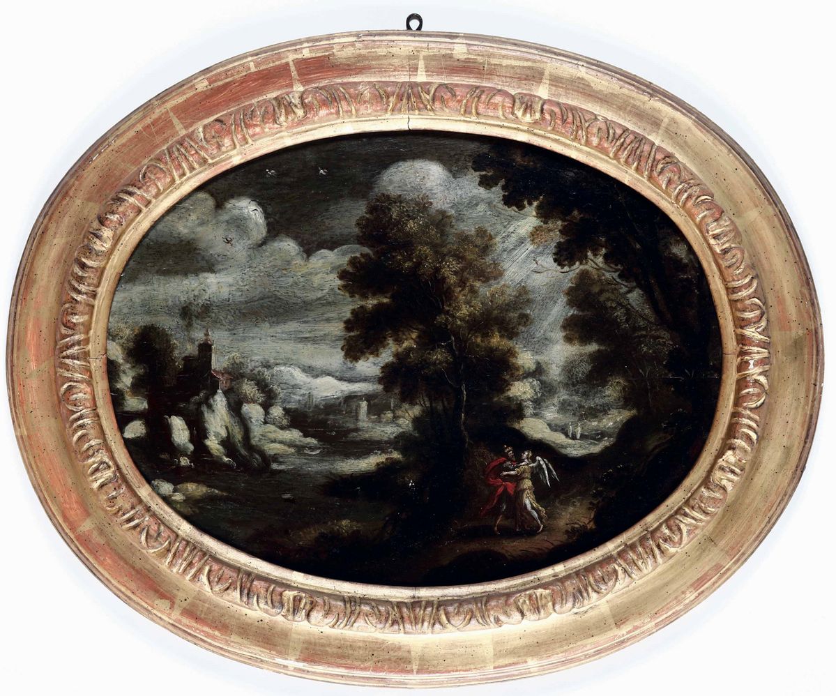 Scuola fiamminga del XVII secolo, Fuga in Egitto e Giacobbe e l'Angelo, olio su tavoletta ovale