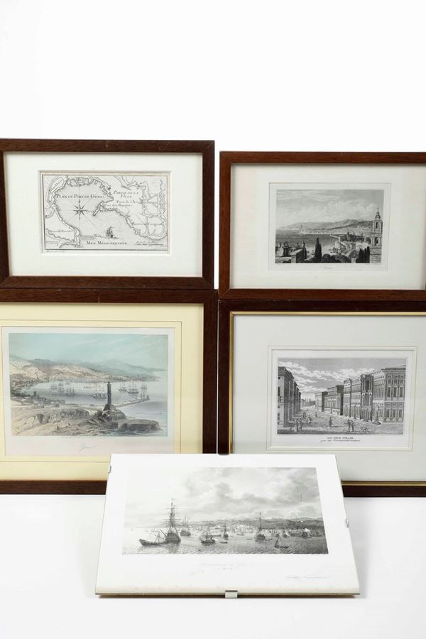 Cinque incisioni entro cornice con paesaggi di Genova, secolo XIX Vedute di Genova