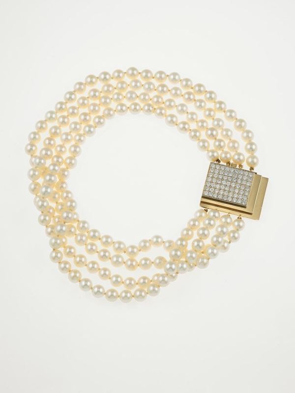 Cultured pearl, diamond and gold choker