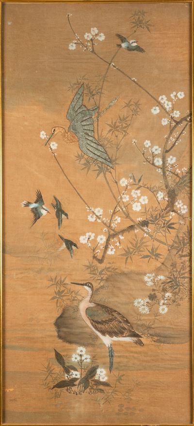 Dipinto su Seta Raffigurante Uccellini tra Fiori di Ciliegio, Cina, XX Secolo