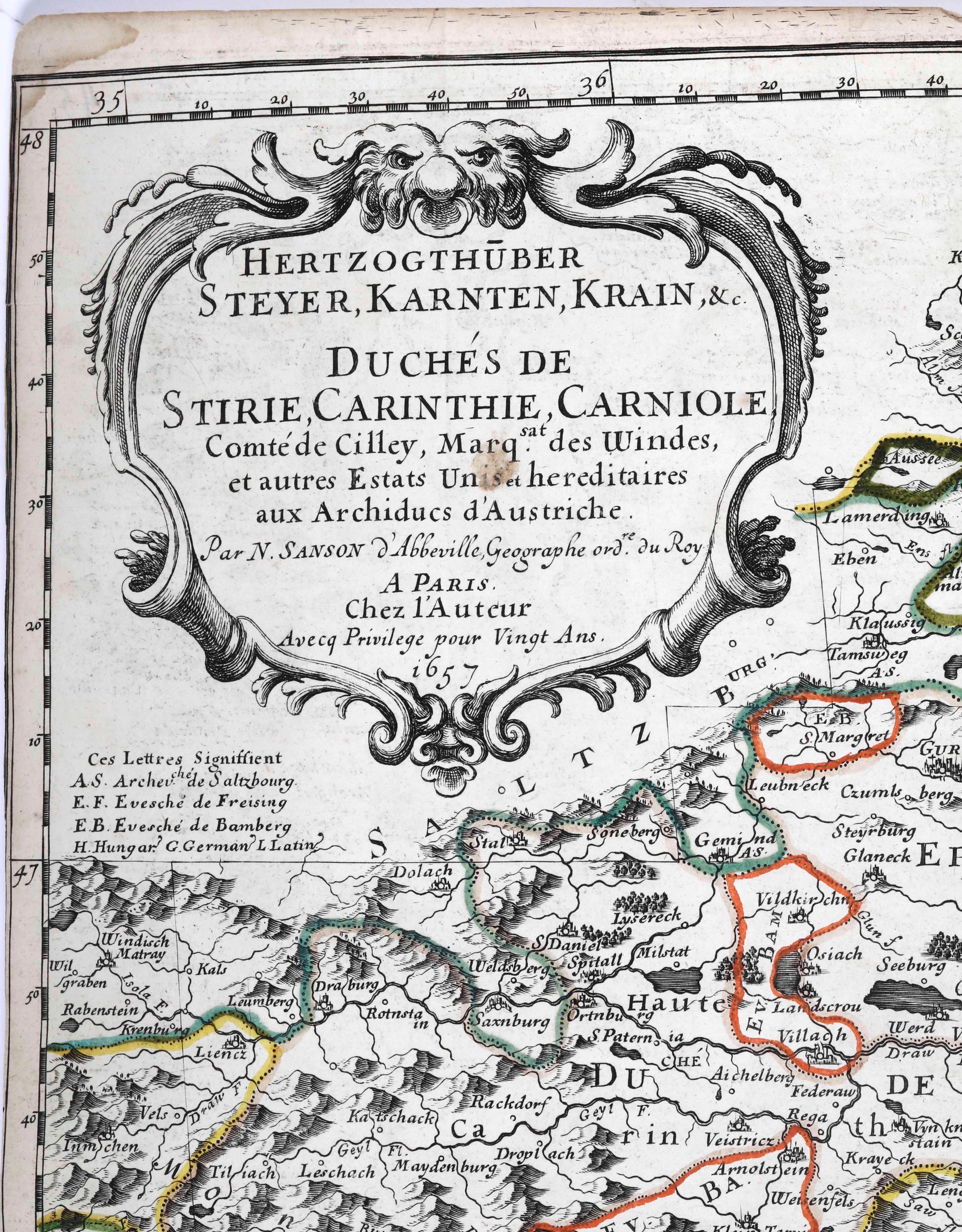 Nicolas Sanson - Duchés de Stirie, Carinthie, Carniole, mappa, acquerello, 1657