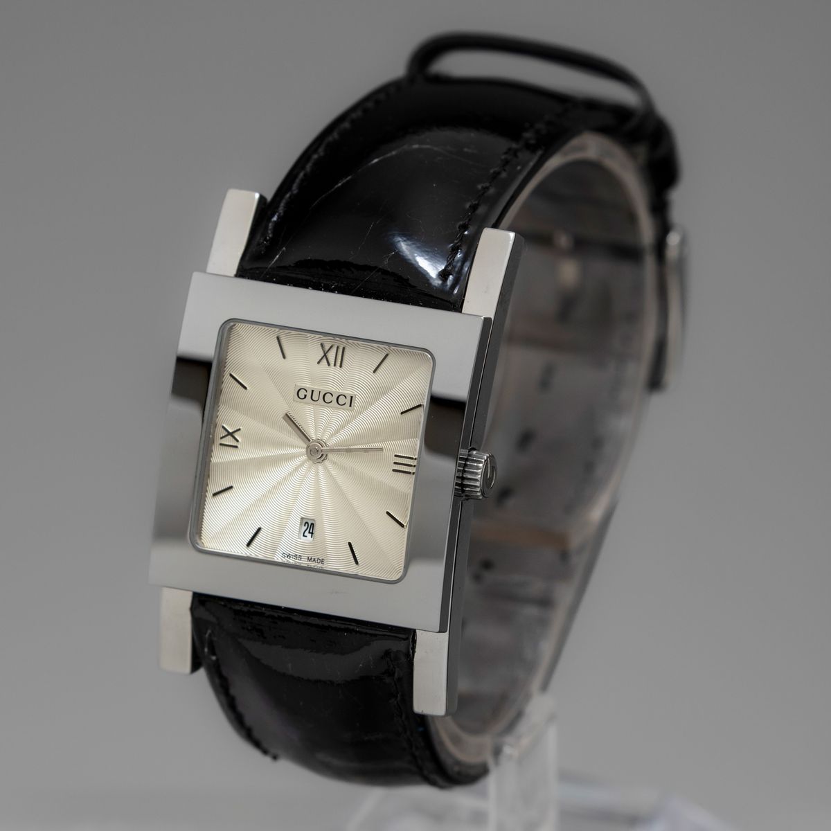 Gucci - Orologio al Quarzo in Acciaio di Forma Rettangolare con Cinturino in Pelle e Quadrante La...