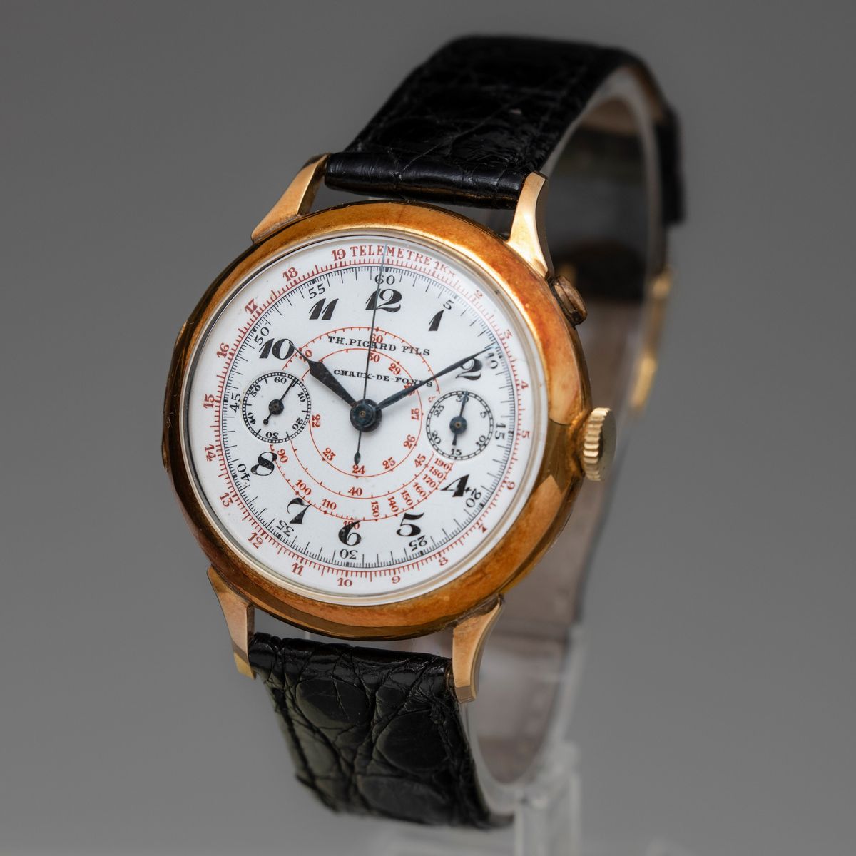 Picard & Fils - Cronografo Oversize Monopulsante in Oro 18k con Quadrante in Smalto Bianco con Nu...