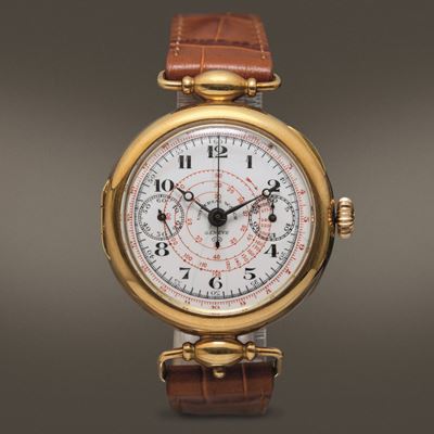 Universal Watch - Cronografo Monopulsante di Importanza Storica in Oro 18k con Anse Snodate, Quad...