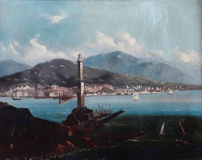 Pittore del XIX-XX Secolo Coppia di Vedute di Genova