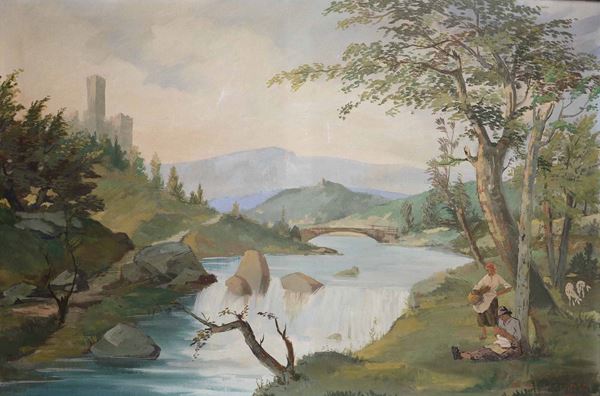 Scuola del XX secolo Paesaggio fluviale con figure