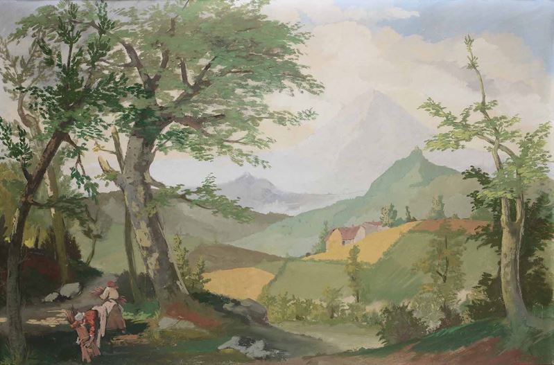 Scuola del XX secolo Paesaggio con figure  - olio su tela - Asta Dipinti del XIX-XX secolo - Cambi Casa d'Aste