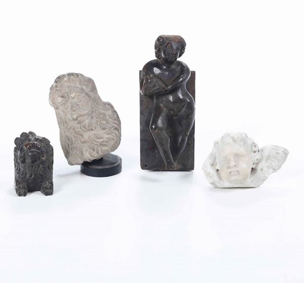 Quattro piccole sculture. Legno, marmo e terracotta. Epoche diverse , dal XVI al  XVIII secolo