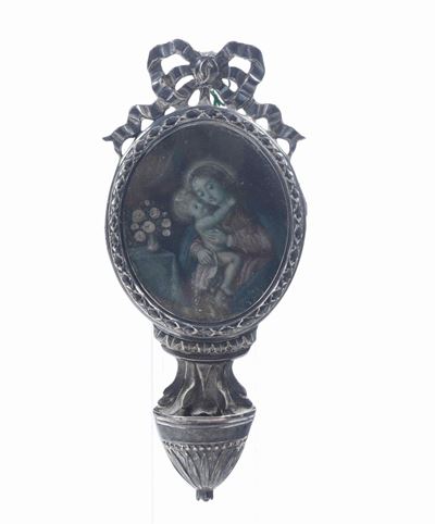 Piccola Acquasantiera in Argento con All'interno Miniatura (madonna con Bambino) Dipinta su Perga...
