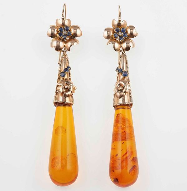 Pair of treated amber and low karat gold earrings