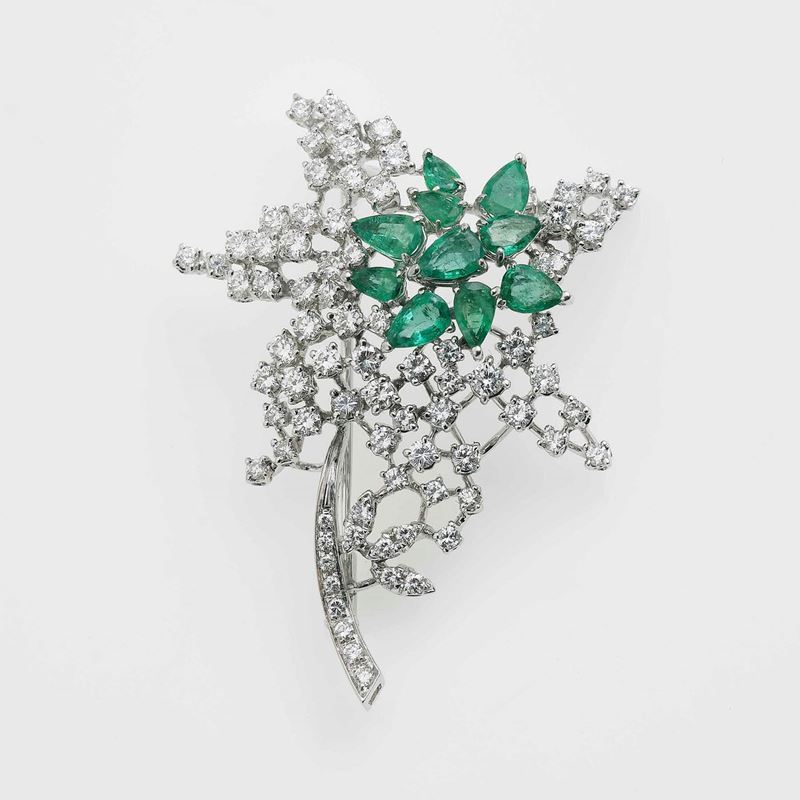 Emerald and diamond brooch  - Auction Fine Jewels - Cambi Casa d'Aste