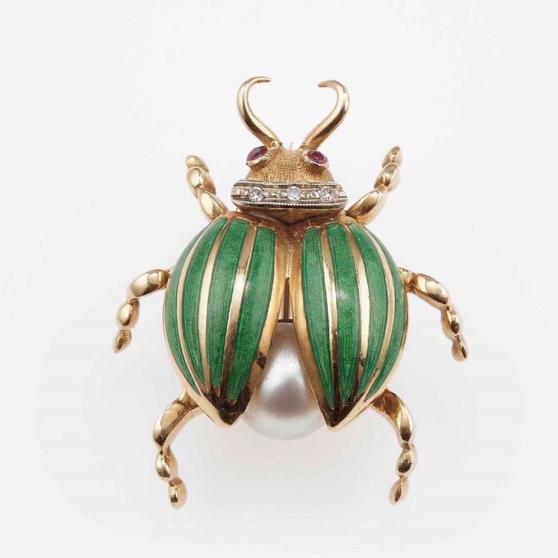 Enamel, diamond, ruby and cultured pearl brooch  - Auction Fine Jewels - Cambi Casa d'Aste