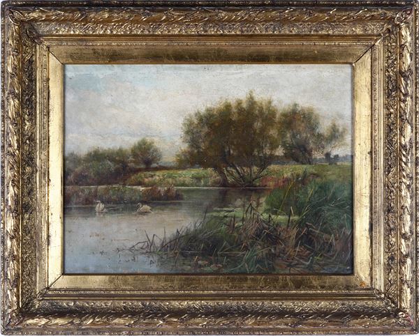 Scuola Inglese del XIX secolo A weedy corner on the Avon (Angolo erboso sull’Avon con cigni)