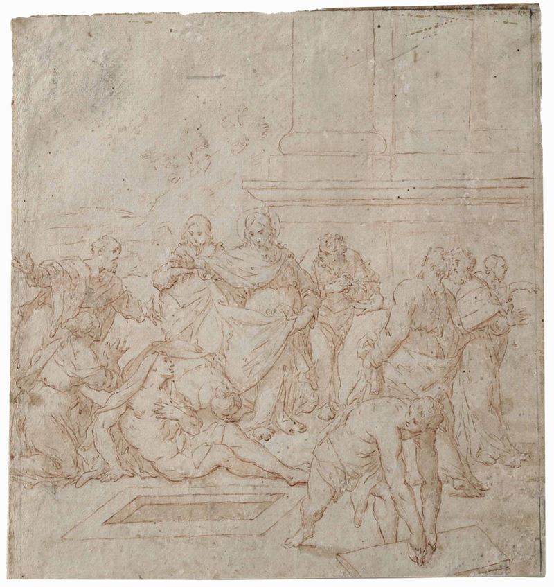 Scuola veneta del XVII secolo La resurrezione di Lazzaro  - matita rossa su carta - Asta Disegni Antichi - II - Cambi Casa d'Aste