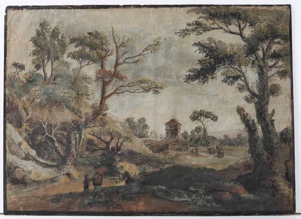 Scuola veneta XVIII secolo Paesaggio con viandanti