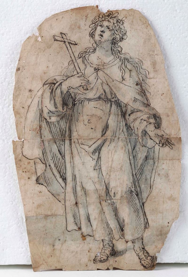 Scuola del XVII secolo Studio di santa  - penna, inchiostro bruno e acquerello grigio su carta - Asta Dipinti Antichi - Cambi Casa d'Aste