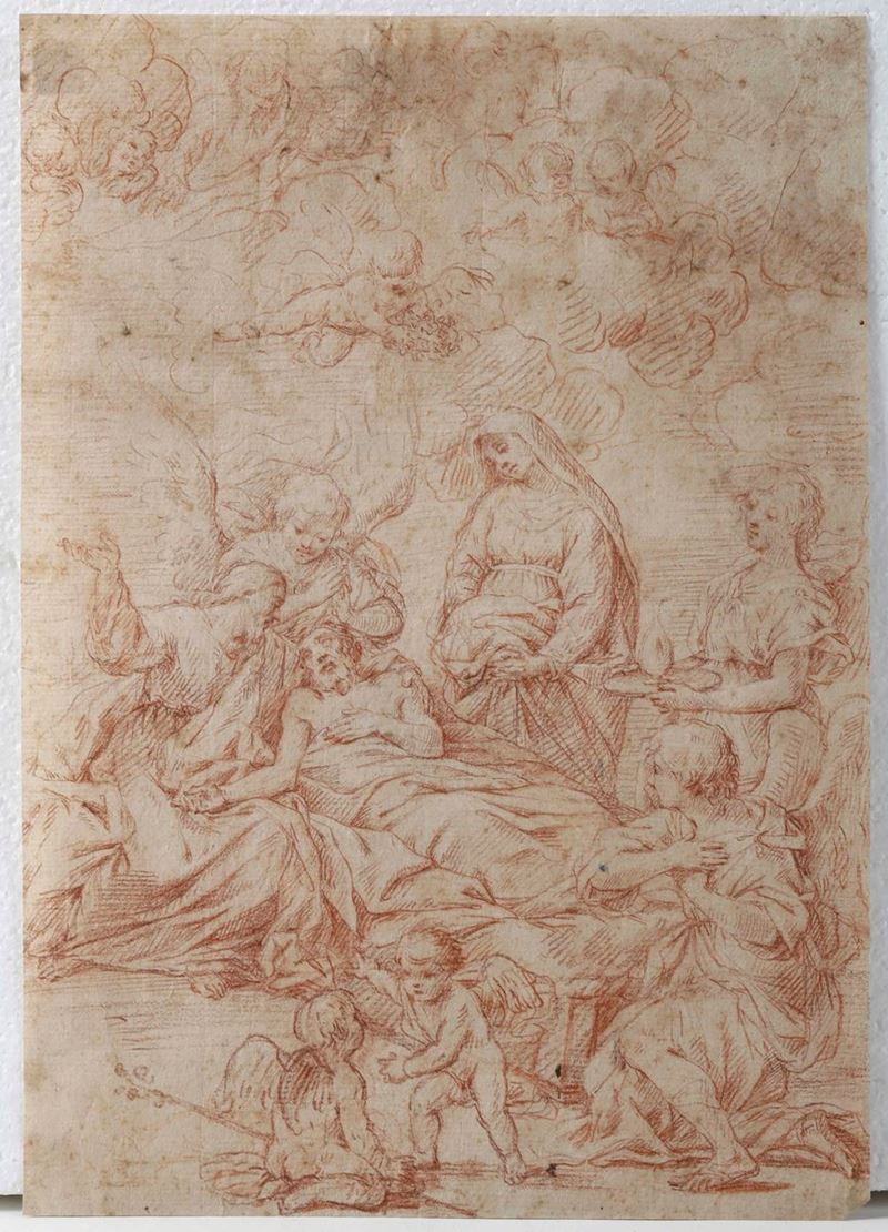 Scuola del XVIII secolo Transito di San Giuseppe  - matita rossa su carta - Asta Dipinti Antichi - Cambi Casa d'Aste