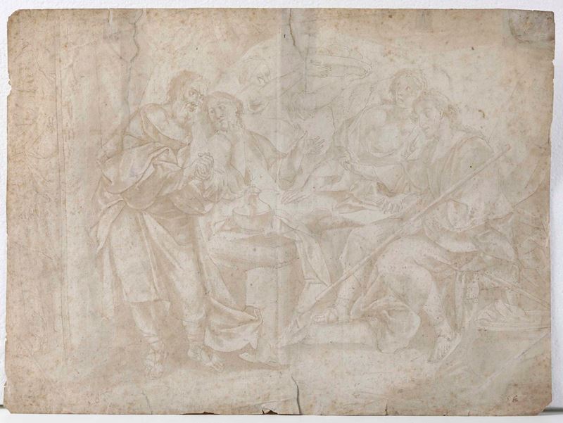 Scuola bolognese del XVII secolo Cena di Emmaus  - penna e acquerello bruno su carta - Asta Dipinti Antichi - Cambi Casa d'Aste