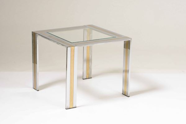 Tavolino da salotto in acciaio e vetro. XX secolo