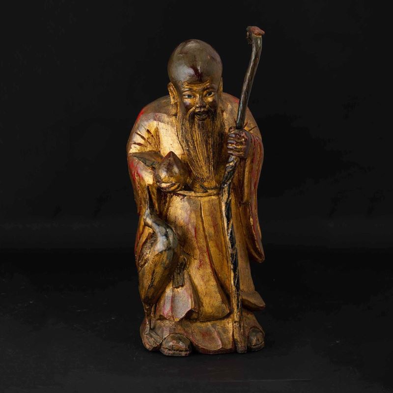 Figura di saggio in legno laccato e dorato, Cina, Dinastia Qing, XIX secolo  - Asta Chinese Works of Art - II - Cambi Casa d'Aste