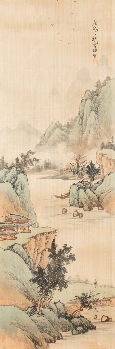 Dipinto su seta raffigurante paesaggio fluviale con villaggio, pescatore e iscrizione, Cina, Dinastia Qing, XIX secolo