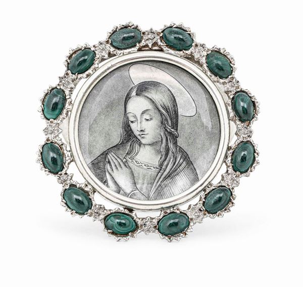 Cornice in argento e malachite, contenente immagine della Madonna. Argenteria artistica italiana del XX secolo