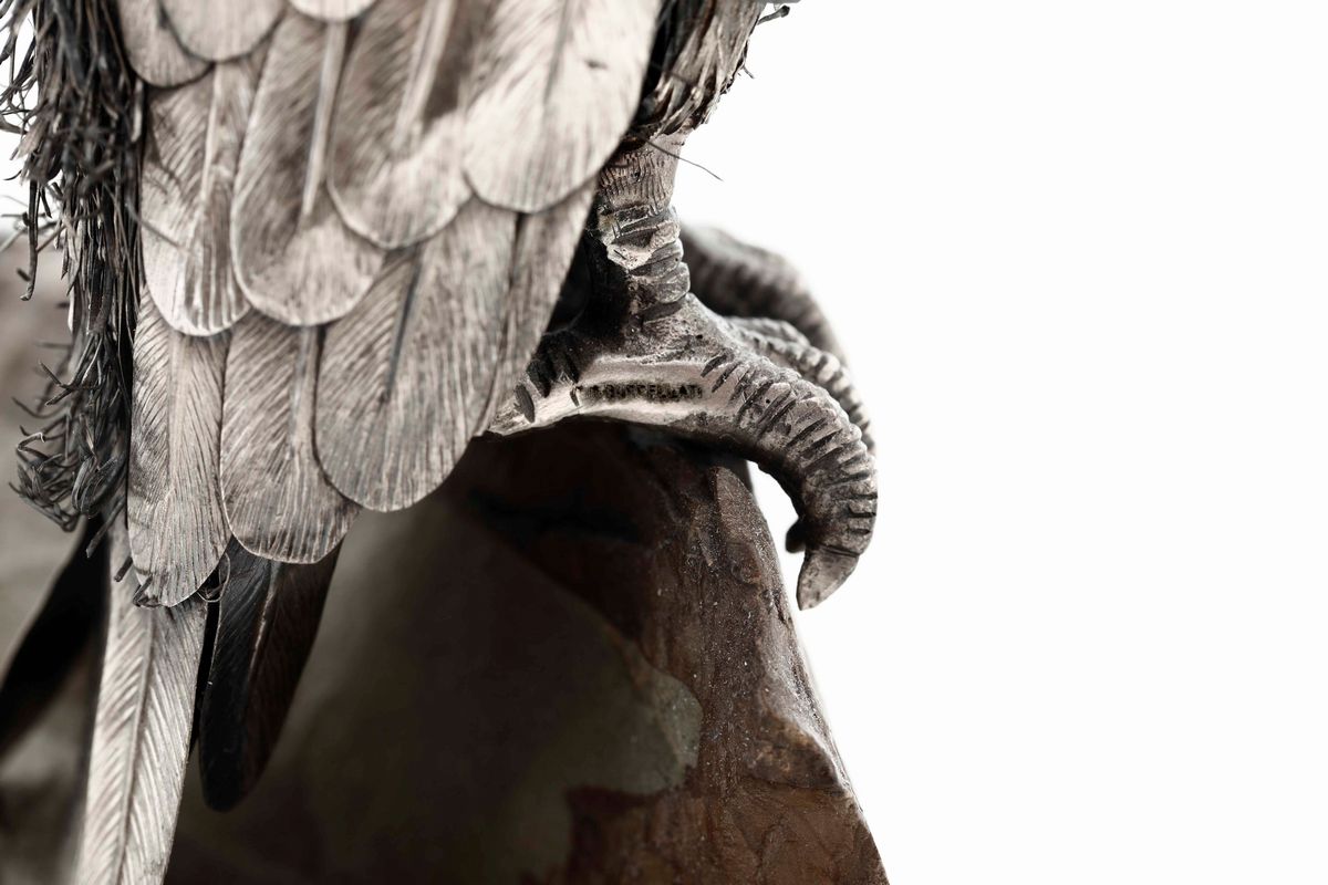 Condor in Argento su Pietra Paesina. Argenteria Artistica Italiana del XX Secolo. Firma Incussa M...