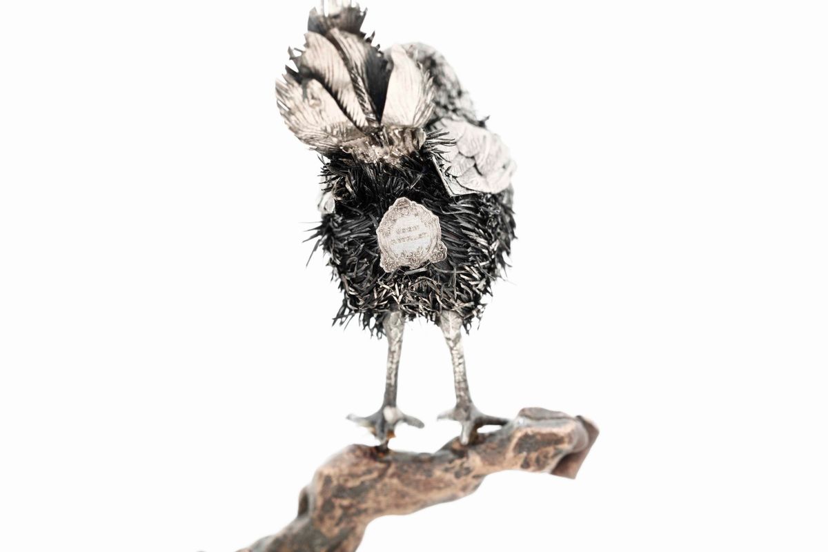 Scultura Raffigurante Tre Passeri in Argento su Ramo. Maison Mario Buccellati. Italia XX Secolo