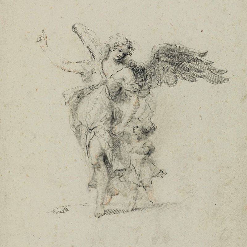 Jacopo Amigoni : Angelo Custode  - matita nera e colorata su carta - Auction Old Masters Paintings - Cambi Casa d'Aste