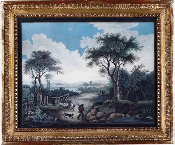 Scuola fiamminga del XVIII secolo Paesaggio con personaggi e animali