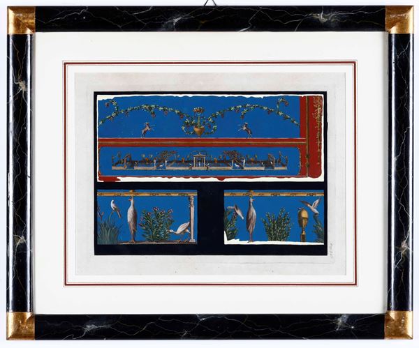 Due incisioni acquarellate con soggetti pompeiani. XIX secolo