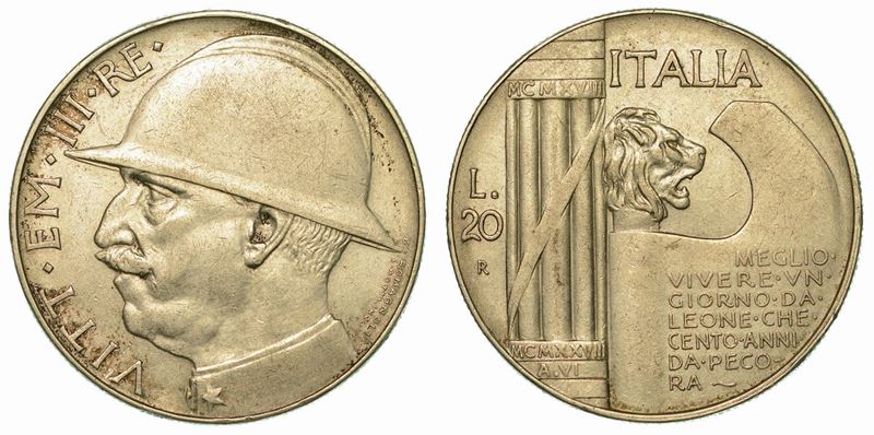 REGNO D'ITALIA. VITTORIO EMANUELE III DI SAVOIA, 1900-1946. 20 Lire 1928/VI. Elmetto.  - Auction Numismatics - Cambi Casa d'Aste