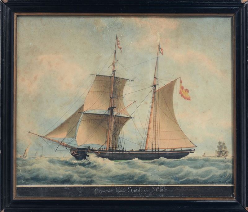 Francois Geoffroy Roux (1811-1882) Ritratto del brigantino-goletta Ernesto in navigazione  - Asta Arte Marinara e Strumenti Scientifici - II - Cambi Casa d'Aste