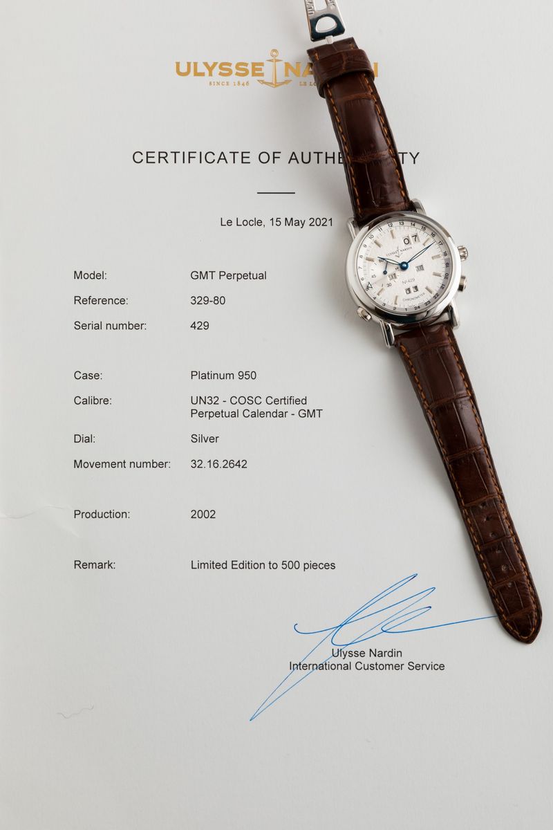 Ulysse Nardin - Perpetual Calendar Gmt Ref 329-80. Orologio da Polso in Platino 500 Pezzi, con Do...