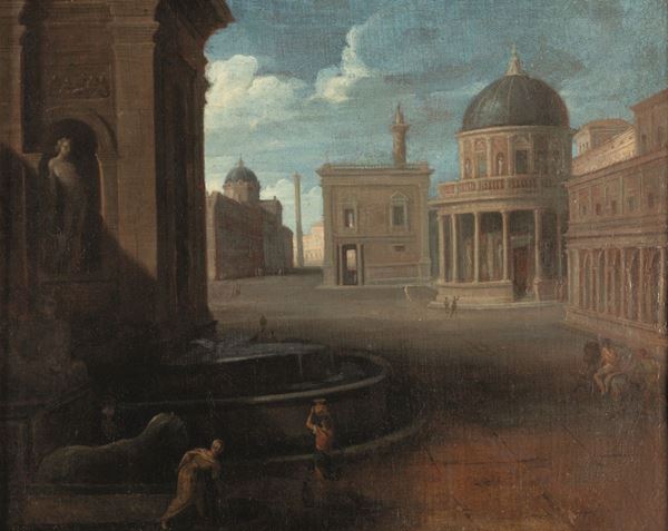 Scuola romana del XVIII secolo Scorcio di Roma con il tempietto di San Pietro in Montorio