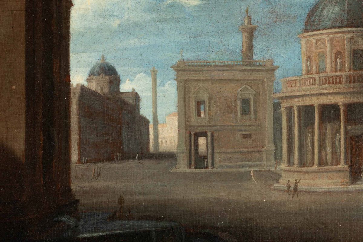Scuola Romana del XVIII Secolo Scorcio di Roma con il Tempietto di San Pietro in Montorio