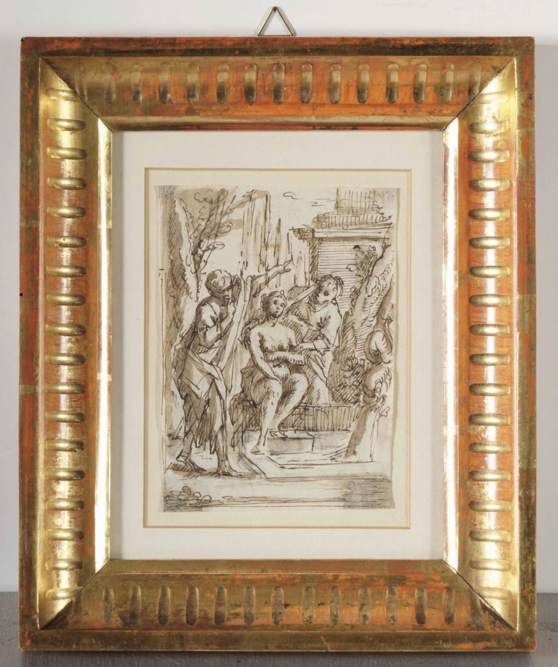 Scuola dell'inizio del XVIII secolo Susanna e i vecchioni  - penna e inchiostro bruno su carta - Auction Old Masters Paintings - Cambi Casa d'Aste