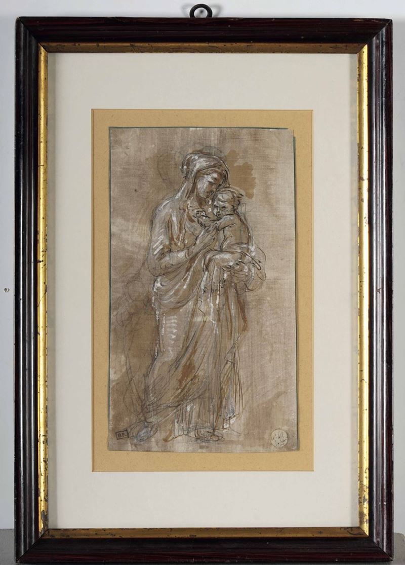 Scuola del XVIII secolo Madonna con Bambino  - matita nera e gessetto bianco su carta - Asta Importanti Dipinti Antichi - Cambi Casa d'Aste