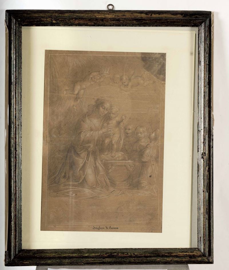 Scuola del XIX secolo Madonna con il Bambino e angeli  - matita nera e gessetto bianco su carta - Asta Importanti Dipinti Antichi - Cambi Casa d'Aste