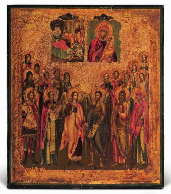 Icona su tavola. Arte russa del XIX secolo San Giovanni Battista, Archangelo Michele e altri santi