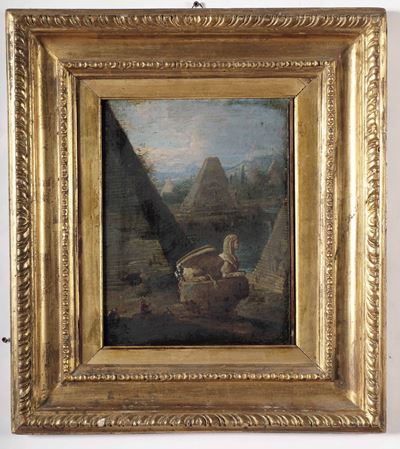 Scuola del XVIII Secolo Veduta Fantastica con Sfinge e Piramide