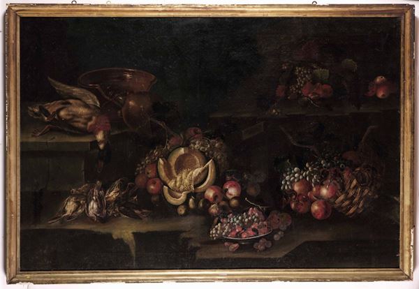 Scuola del XVII-XVIII secolo Natura morta con selvaggina e frutti
